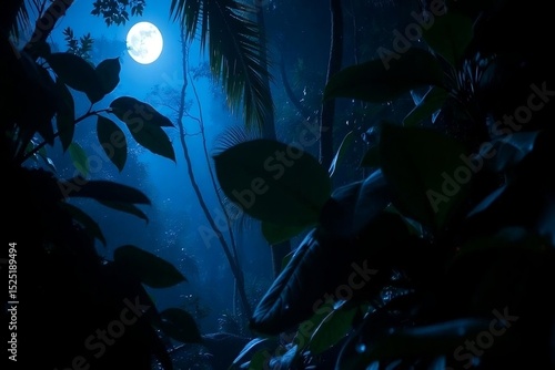 A mysterious and atmospheric scene of a tropical jungle under the full moon. The silhouette of dense foliage and towering trees is softly illuminated by moonlight, creating a tranquil night mood..