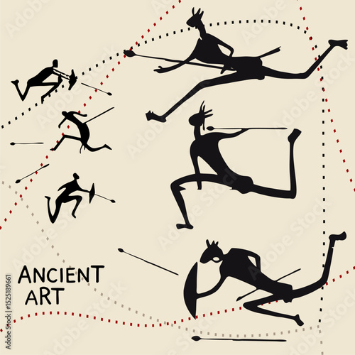 Art of ancient people. Rock painting. Primitive drawings. Everyday scenes from the life of ancient people