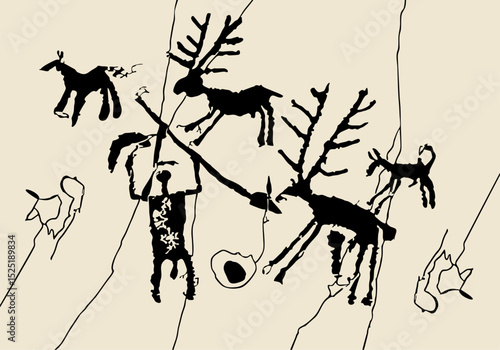 Art of ancient people. Rock painting. Primitive drawings. Everyday scenes from the life of ancient people