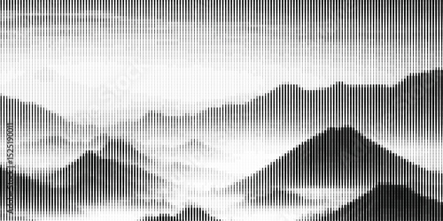 Abstract halftone landscape of mountains and misty valleys in black and white, trees and hills in dotted halftone.