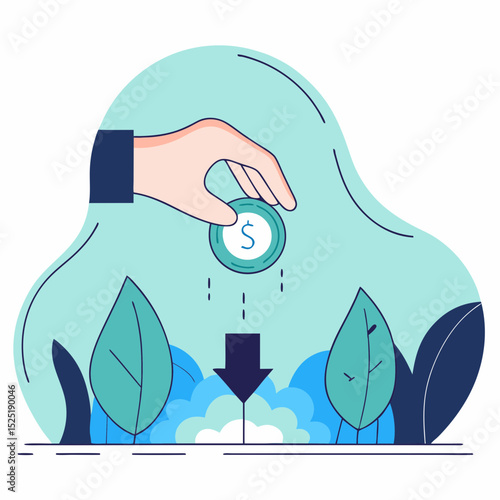 Two hands exchanging a coin over green leafy plants with blue water, symbolizing environmental conservation.