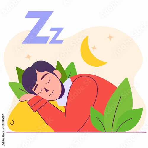 Illustrated depiction of a peaceful slumber in nature, surrounded by leafy greenery under the night sky.