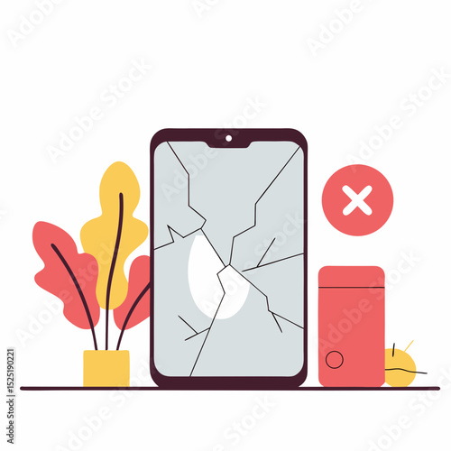 Illustration showing a broken smartphone with a cracked screen and other damaged mobile devices, suggesting need for repair services.