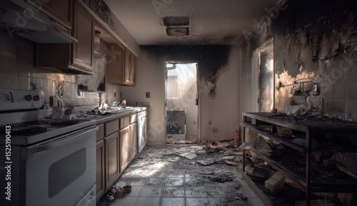 Kitchen interior after fire damage devastation