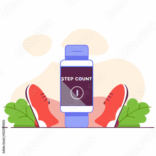 The image depicts a modern fitness app on a smartphone, with the focus being 'STEP COUNT'. The concept is about health and wellbeing through physical activity tracked by mobile devices.