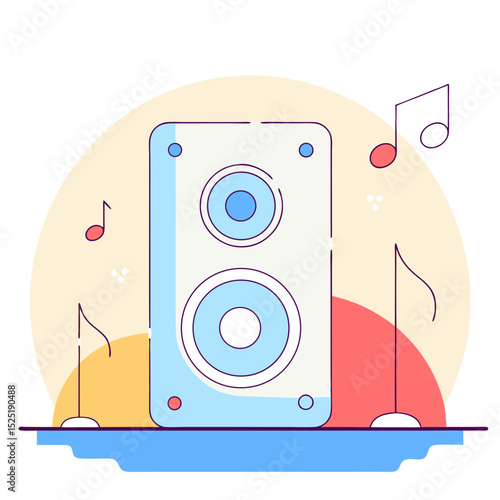 Vividly illustrated electronic device with speakers, standing out against a warm background of music notes and symbols.