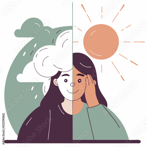 Dual-tone illustration showing contrasting mental states under sunny and cloudy weather.