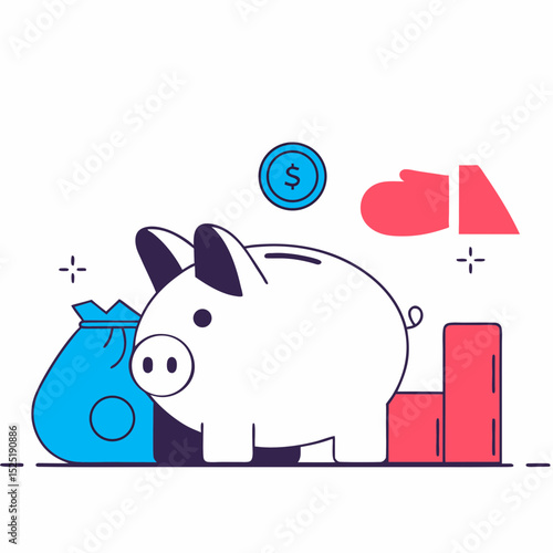 Pig with money, coins, bags of cash, stock charts and economic icons around.