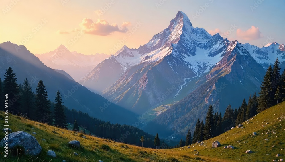 Fototapeta premium Majestic snow-capped peaks rise above a valley, bathed in the golden light of sunrise Serene alpine landscape perfect for travel, nature, and adventure themes , sky, sunrise, terrain