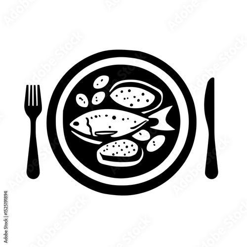 Minimalist black silhouette of bacalhau plate with salted cod and vegetable accompaniments