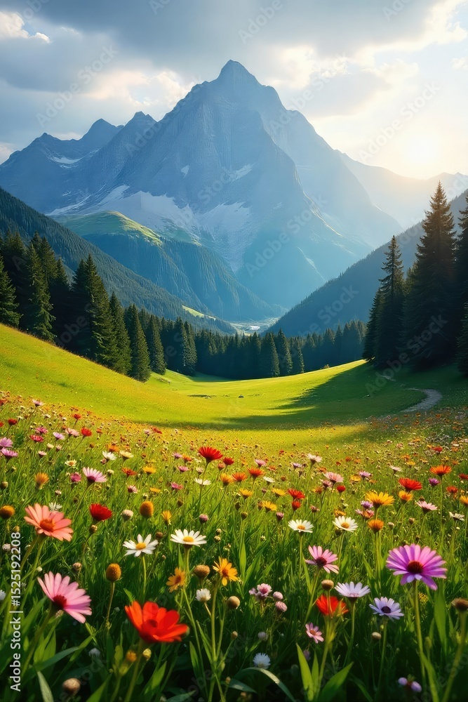 Fototapeta premium Serene alpine meadow bathed in golden sunlight, wildflowers in bloom, stunning mountain backdrop Perfect for travel, nature, and serenity themes , golden hour, landscape