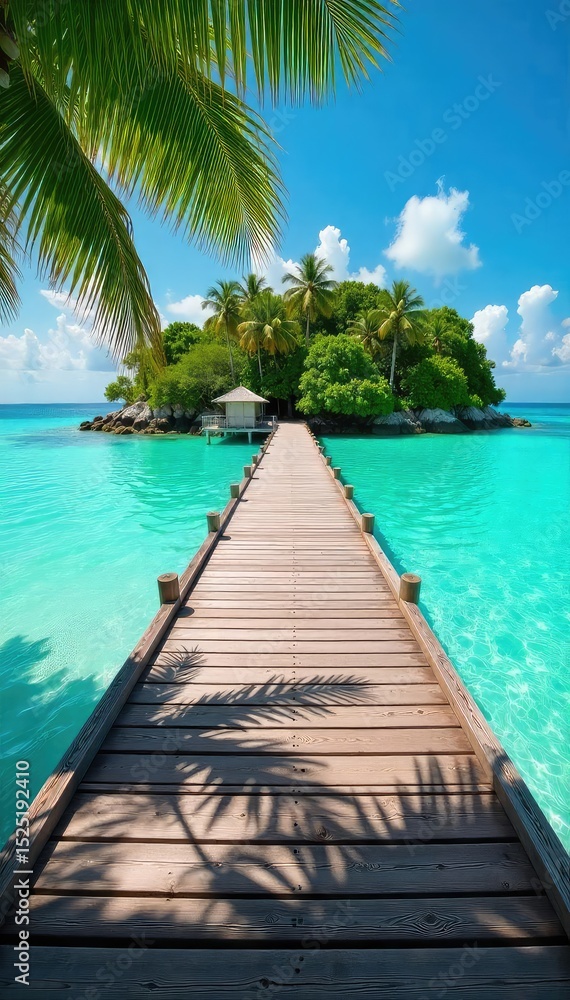 Fototapeta premium Serene island dock extending into calm turquoise water, surrounded by lush tropical foliage Perfect for travel, vacation, and idyllic getaway themes , timber, summer