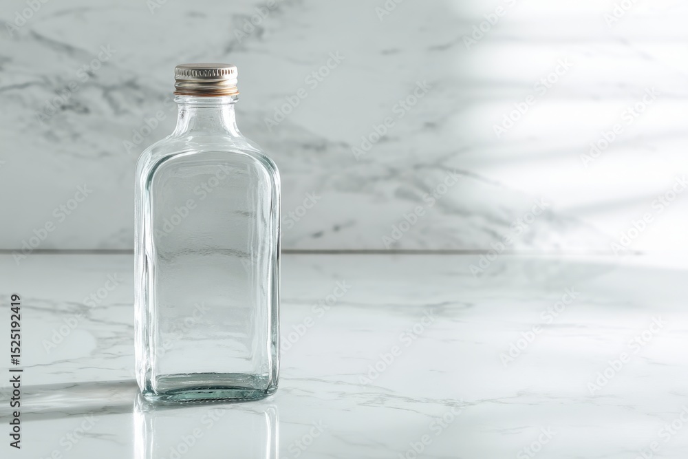 Obraz premium Clear glass bottle of vinegar solution standing elegantly on a white countertop in a minimalist kitchen setting, showcasing simplicity and cleanliness