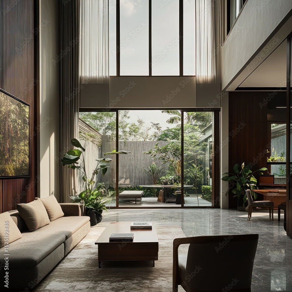 Fototapeta premium Sunlit Atrium: A Modern Residence Blending Interior Comfort with Exterior Serenity