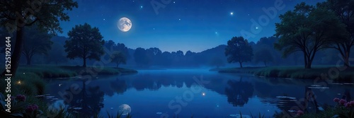 Serene night scene featuring a pond illuminated by soft, ambient lighting, reflecting stars and moonlight on the calm water  Perfect for tranquility, nature, and serenity themes ,  calm,  dark blue
