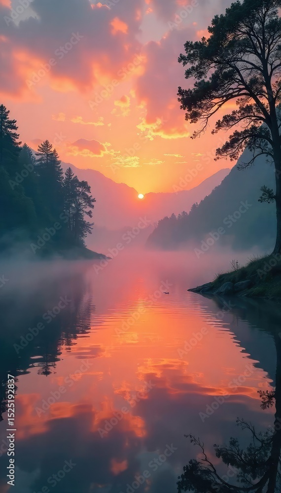 Obraz premium Serene sunrise over a tranquil lake, mist rising, creating a mystical and peaceful atmosphere perfect for meditation and spiritual reflection , sunrise, beauty