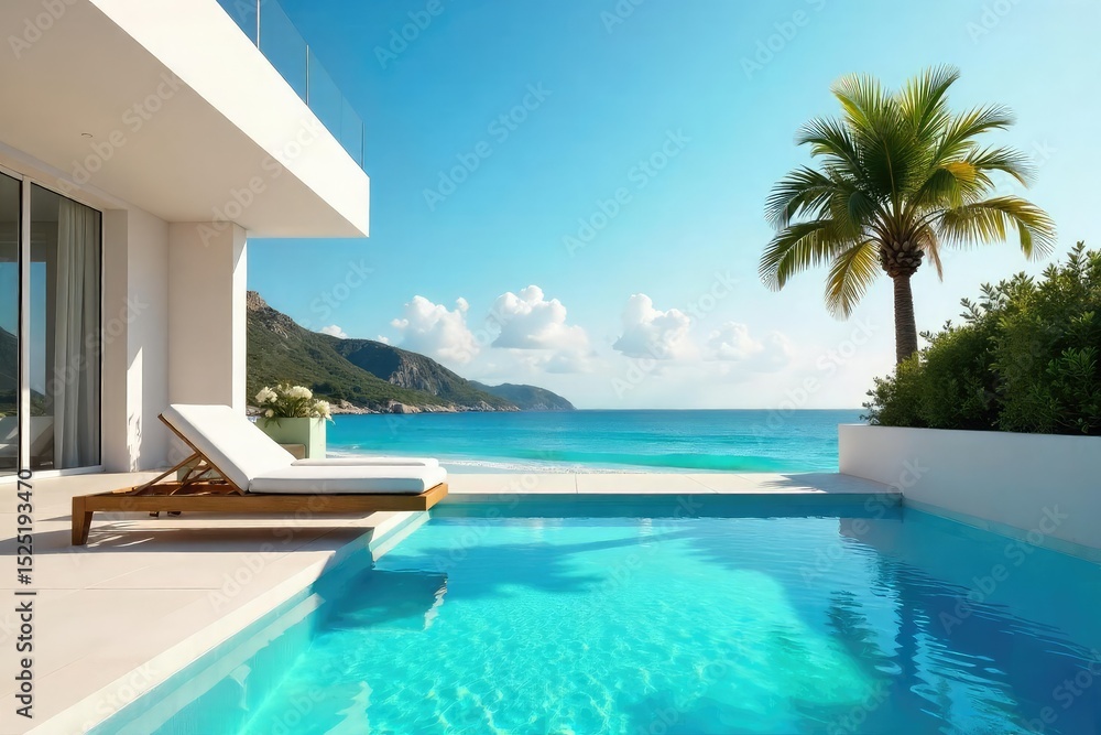 Fototapeta premium Stylish sun lounger by a pristine pool, vibrant summer vibes Modern architecture, clear blue water, refreshing summer scene, perfect for relaxation and escape , tropical, idyllic