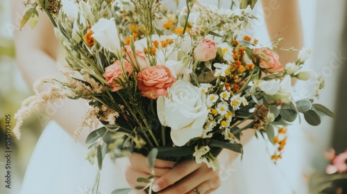 Delicate floral arrangement held by a person, featuring soft color palette