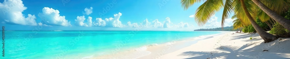 Fototapeta premium Sun-drenched beach scene with vibrant turquoise water, soft white sand, and swaying palm trees creating a perfect summer holiday escape , landscape, sun