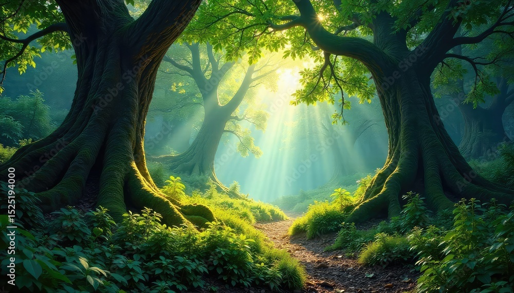 Fototapeta premium Untamed wilderness, sunlight dappling through ancient trees in a lush, vibrant forest teeming with life Deep shadows and mysterious depths create a sense of awe and wonder , deep woods, nature