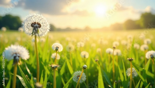Vast field of fluffy dandelion clocks swaying gently in the breeze, a sea of white and gold under a bright sun  Perfect for nature, spring, and whimsical themes ,  fluffy, dandelion