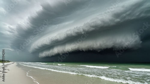 Imminent storm over the ocean with a dramatic shelf cloud formation