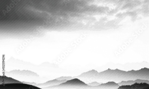 Dotted halftone mountain landscape with vertical line pattern in monochrome style, dotted halftone landscape with cloud and hills.