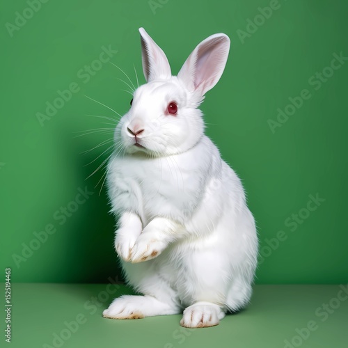 Adorable White Bunny Rabbit Standing on hind Legs on green screen background