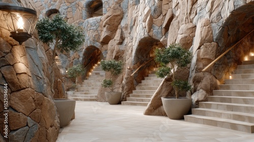 Fototapeta Naklejka Na Ścianę i Meble -  Unique architecture harmonizes with natural rock, illuminated by lantern light as cobblestone paths lead to hidden entrances.