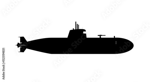 Submarine silhouette in black with detailed structure and shape  