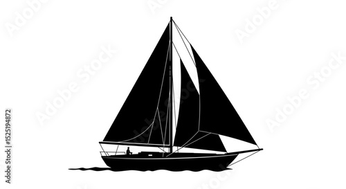 Black sailboat silhouette on calm water with white background  
