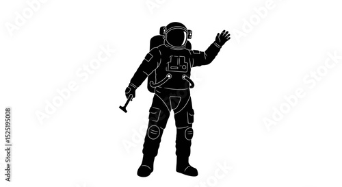 Astronaut in space suit waving while holding a tool 