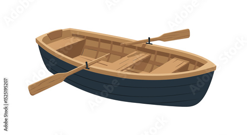 A simple illustration of a wooden rowboat with oars ready for use.