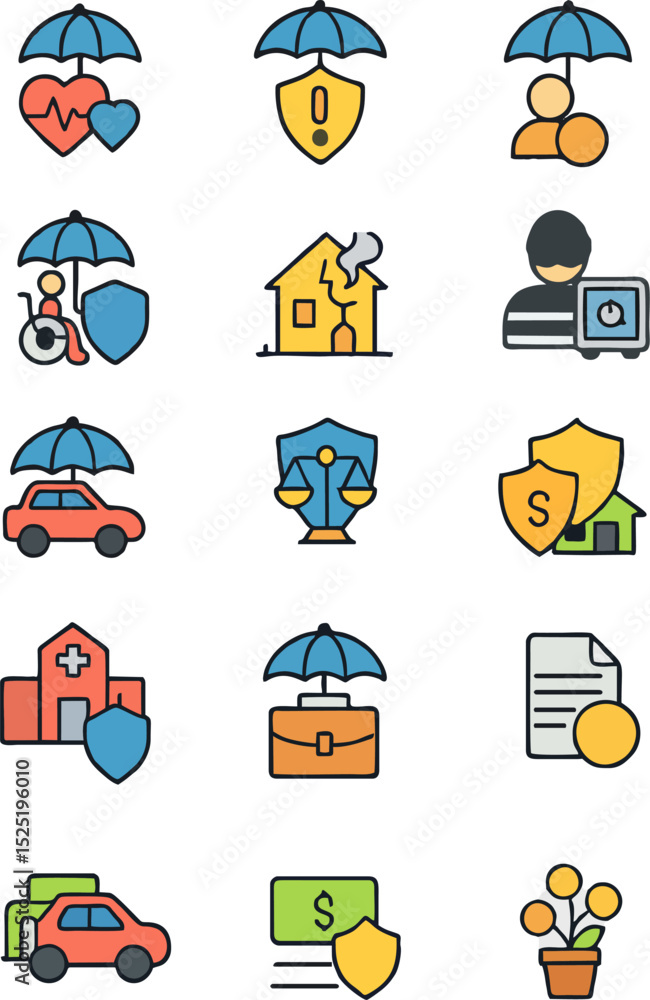 Obraz premium Colorful Insurance Icons Set: Protection and Security Symbols