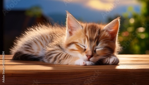 a little cat dozes peacefully on a rustic wooden table embodying cuteness and tranquility in this charming scene photo