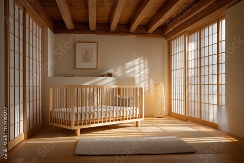 Modern, minimalist gender-neutral nursery design with wooden walls, crib, neutral colors, warm sunlight. Concept of gender-neutral nursery design focuses on simplicity, comfort, and decor ideas.