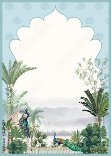 Traditional Mughal Wedding Card, Indian Wedding card, Mughal Arch, Peacock, Watercolor Background.