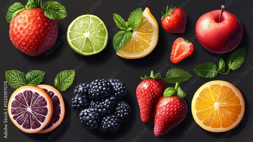 Vibrant still life of fresh fruit and vegetables healthy eating abundance wholesome delicious Vibrant still life of fresh fruit and vegetables healthy eating abundance wholesome delicious