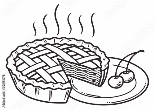 clean line art vector of a whole pie (apple pie or cherry pie) with steam lines, simple and inviting
