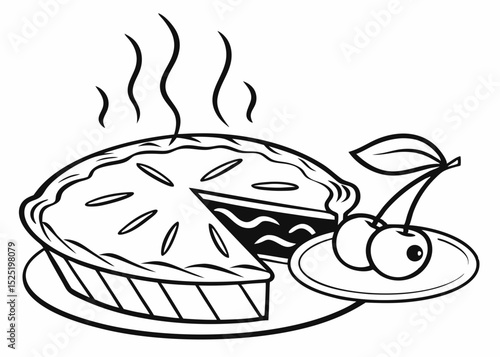 clean line art vector of a whole pie (apple pie or cherry pie) with steam lines, simple and inviting