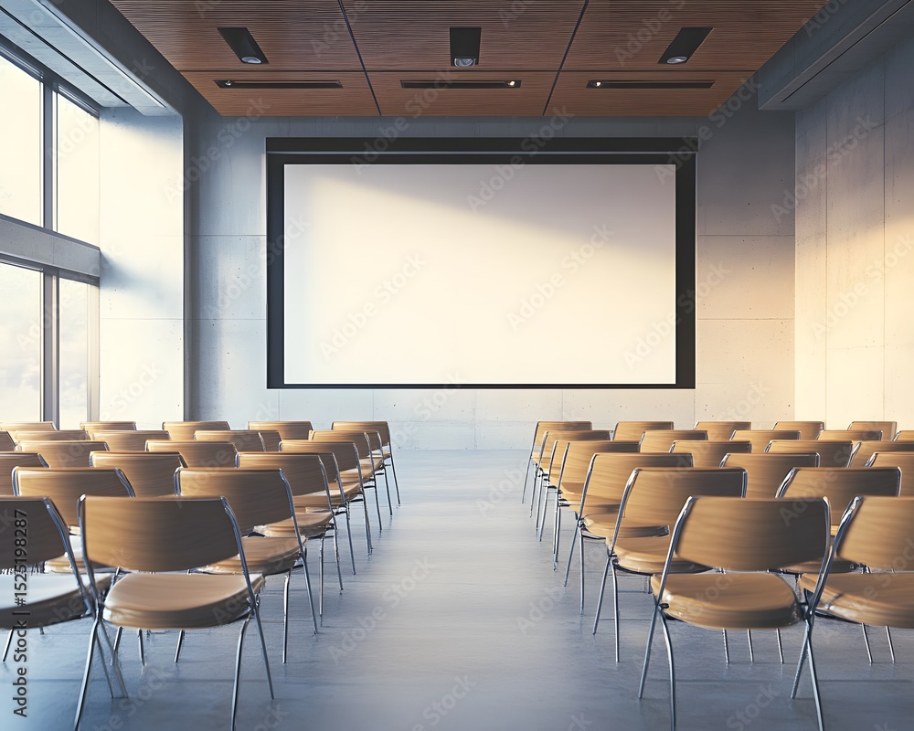 Fototapeta premium A modern conference room featuring rows of wooden chairs facing a large projection screen, illuminated by natural light from floor-to-ceiling windows, ideal for business meetings.