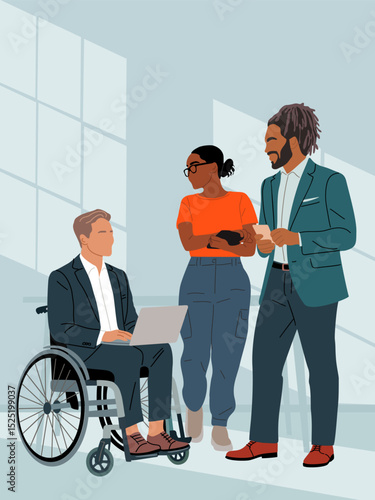 Vector illustration of diverse business team, African American man with dreadlocks, Latina woman, and man in wheelchair with laptop, having a meeting in a modern office setting