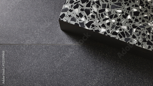 Close-up shot of a dark gray terrazzo surface with a contrasting black and white speckled pattern. A sleek, dark gray block sits atop the textured surface, showcasing the material's unique design.