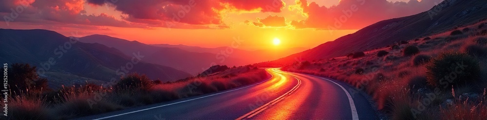 Fototapeta premium A winding road disappearing into a vibrant sunset, symbolizing the unknown possibilities and exciting journey ahead on life's path , adventure, trees