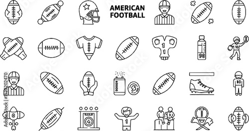 American Football line icon set. Vector pictograms of players, equipment, game elements, team spirit, quarterback ball, touchdown, referee thin linear illustration.