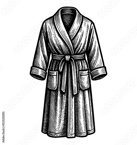 Detailed Engraved Style Illustration of a Bathrobe with Pockets and a Belt