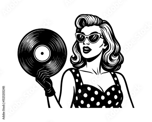 Pinup Woman in Sunglasses Holding Vinyl Record with Confident Expression in Black and White