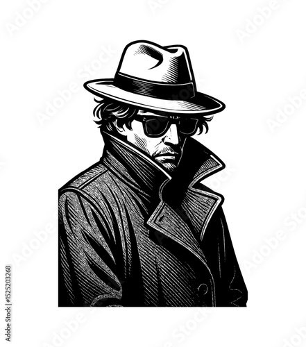 Mysterious Man in Hat and Trench Coat, Engraved Black and White Illustration