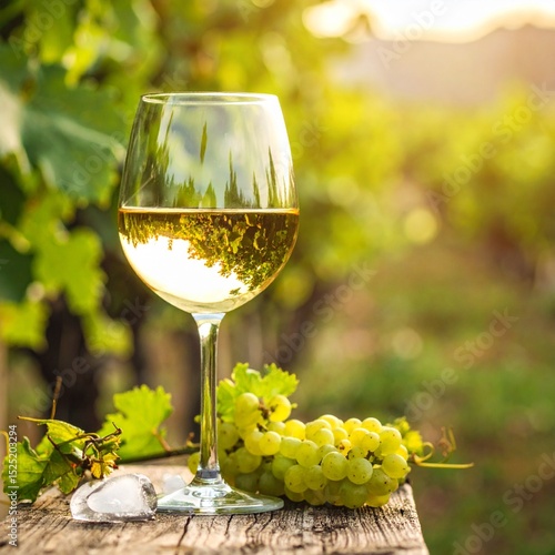 Un verre de vin blanc avec grappes de raisin blanc, dans un cadre de vignoble. Generated image