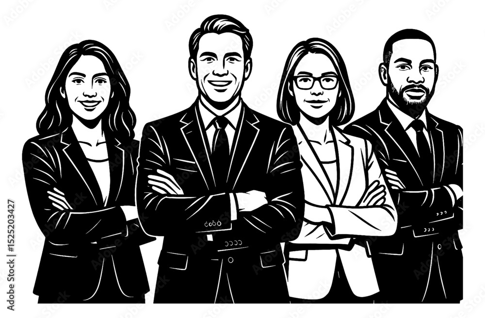 Obraz premium Diverse Business Team Illustration with Confident Smiles and Arms Crossed in Black and White